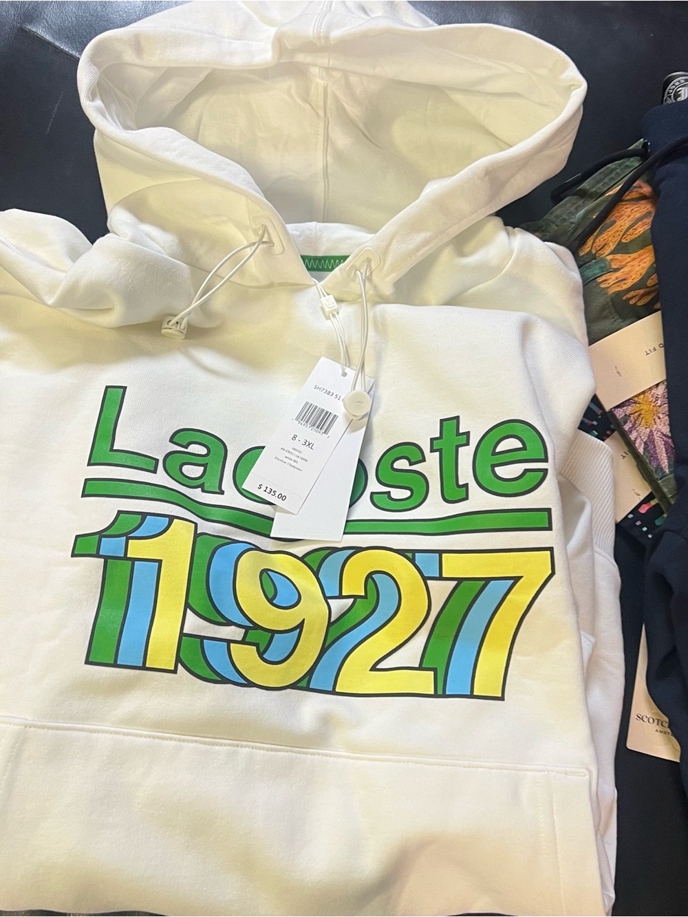 Lacoste White Hoodie with Green & Yellow Graphic